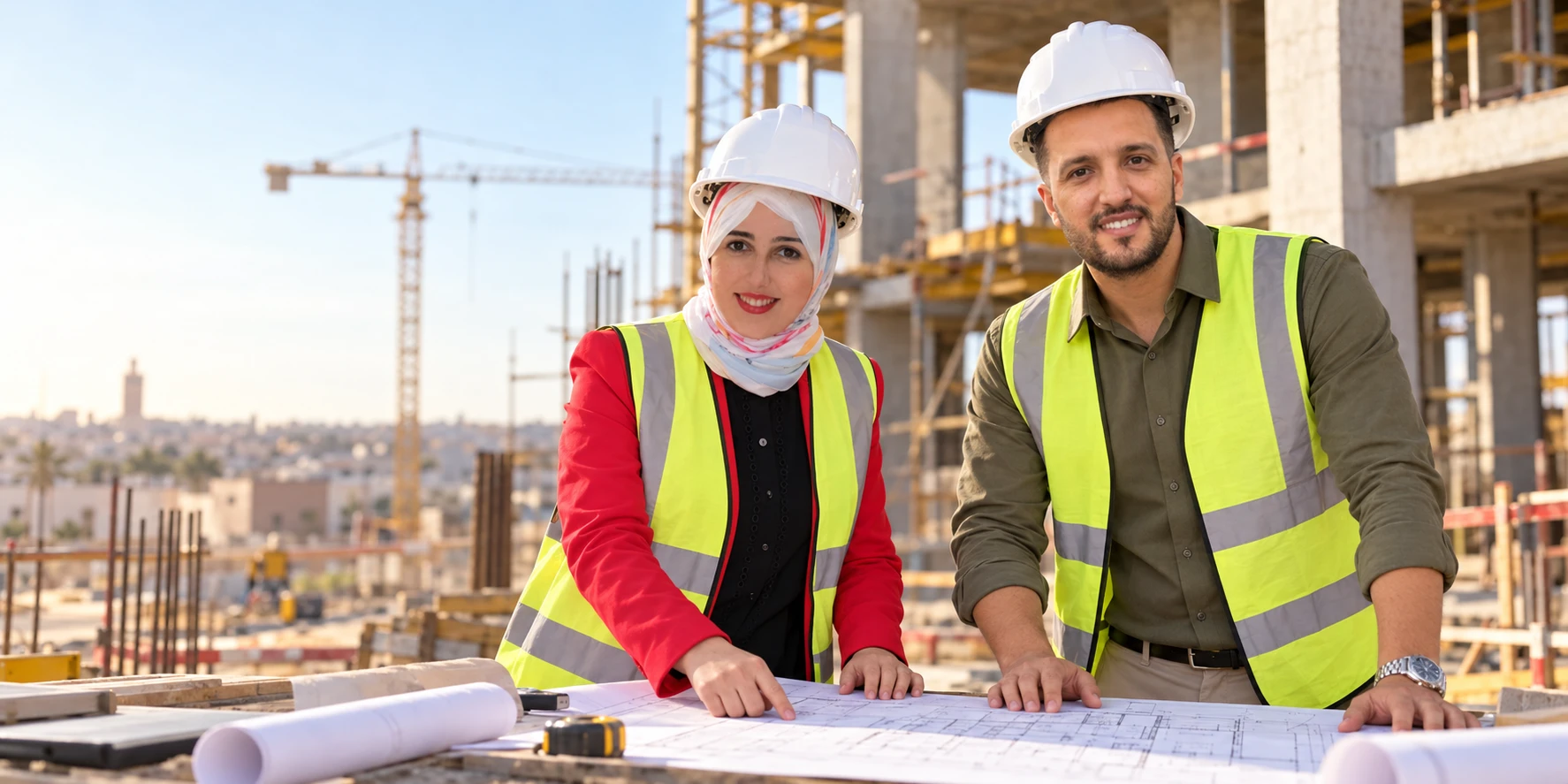 Mise en scène de l’équipe Groupe C4 sur un chantier, portant des gilets de sécurité et des casques