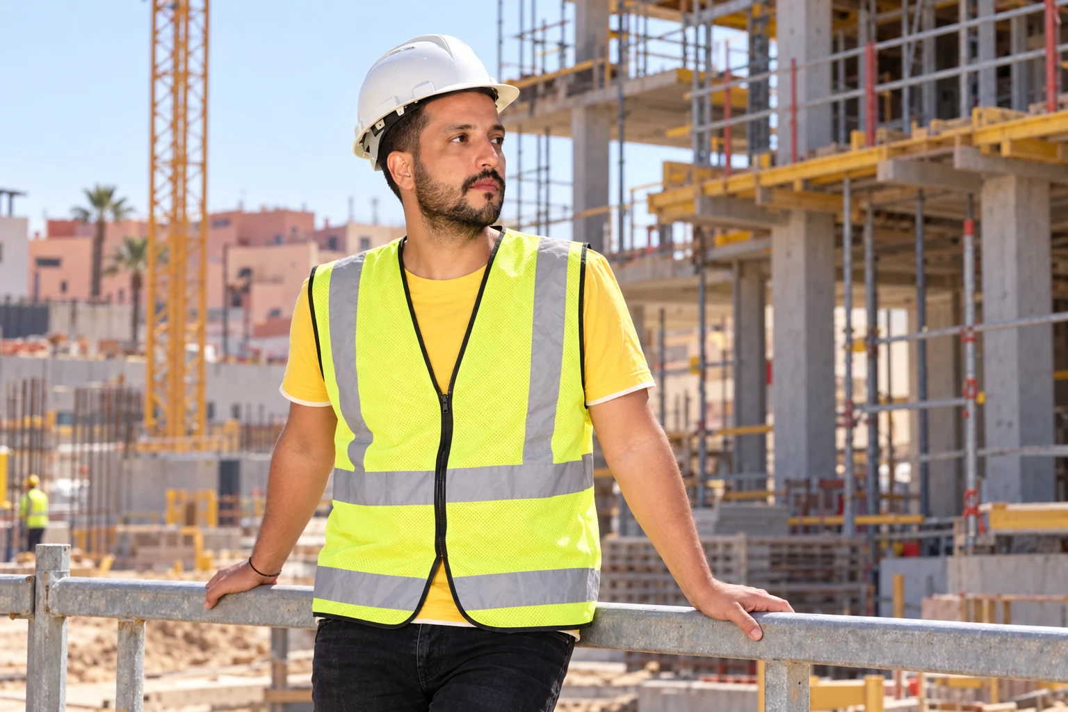 Portrait en tenue de chantier avec casque et gilet de sécurité